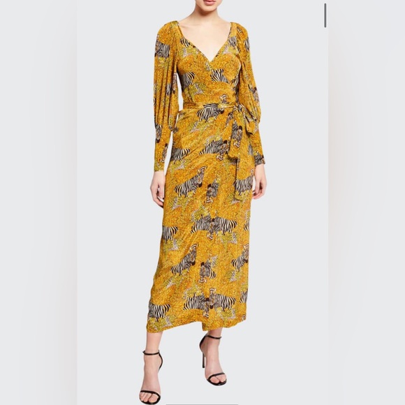 Rhode Aspen Serengeti Yellow Puff Sleeve Animal Print Zebra Wrap MIDI Dress - Picture 2 of 14